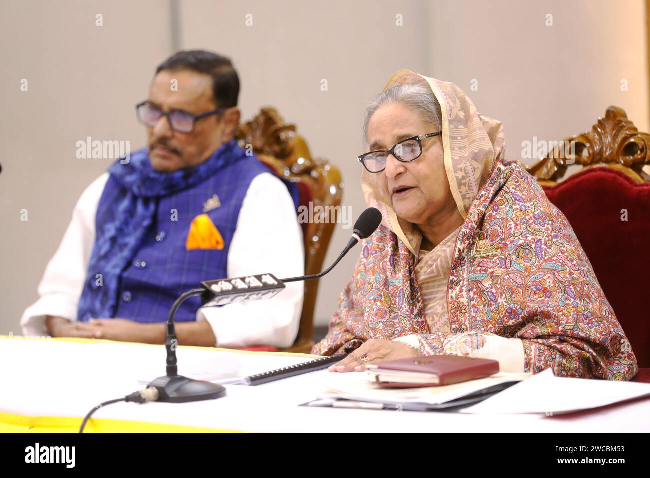 Dhaka, Bangladesh - January 15, 2024: Prime Minister Sheikh Hasina is addressing a joint meeting with leaders at the Awami League's central office on Stock Photo