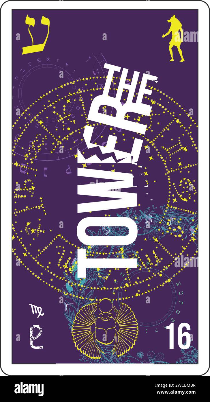Egyptian tarot card number sixteen, called The Tower. Typographic