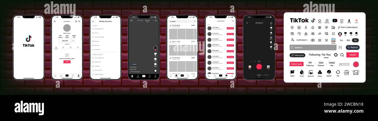 Tik Tok design. Set Tik Tok screen social media and social network ...