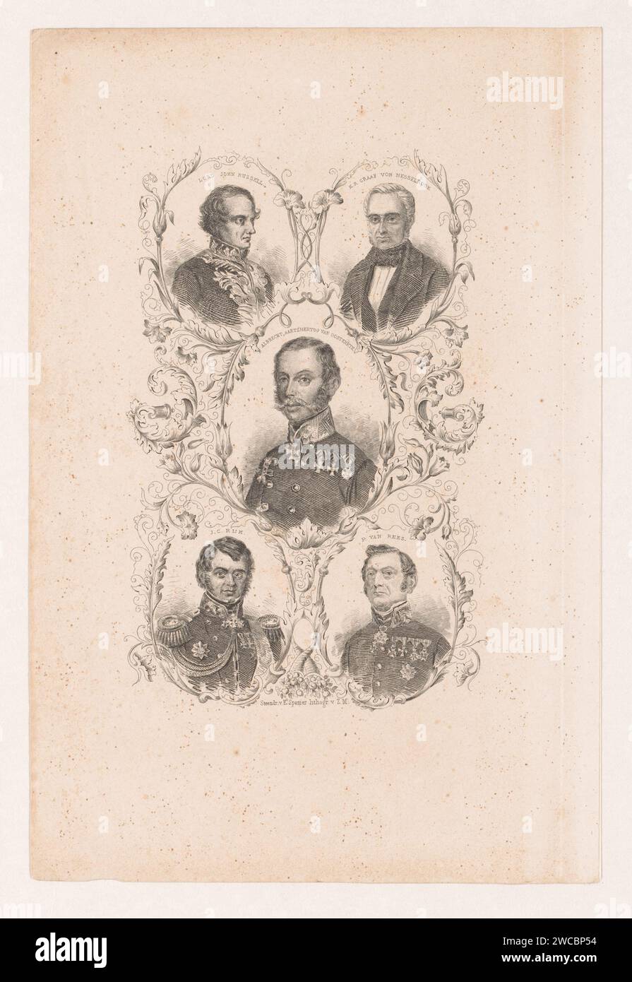Portraits of John Russel, Karl Robert von Nesselrode, Albrecht Archduke of Austria, Julius Constantijn Rijk and P. van Rees, Anonymous, Elias Spanier, 1831 - 1854 print  The Hague paper  historical persons (portraits and scenes from the life) Stock Photo