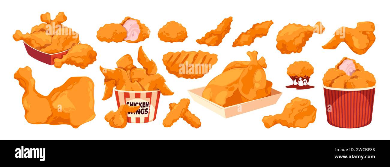 Cartoon chicken fast food. Delicious roasted whole chicken, tasty