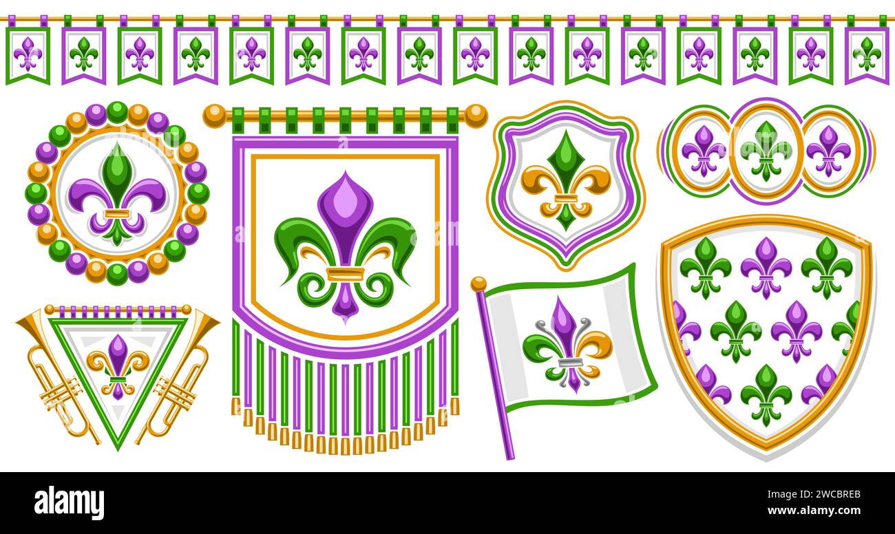 Vector Fleur de Lis set, horizontal banner with collection of isolated illustrations of variety green and purple fleur de lis flourishes, seamless bun Stock Vector
