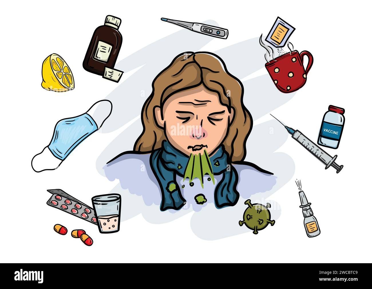 Sick girl in scarf with cough and runny nose and medical elements