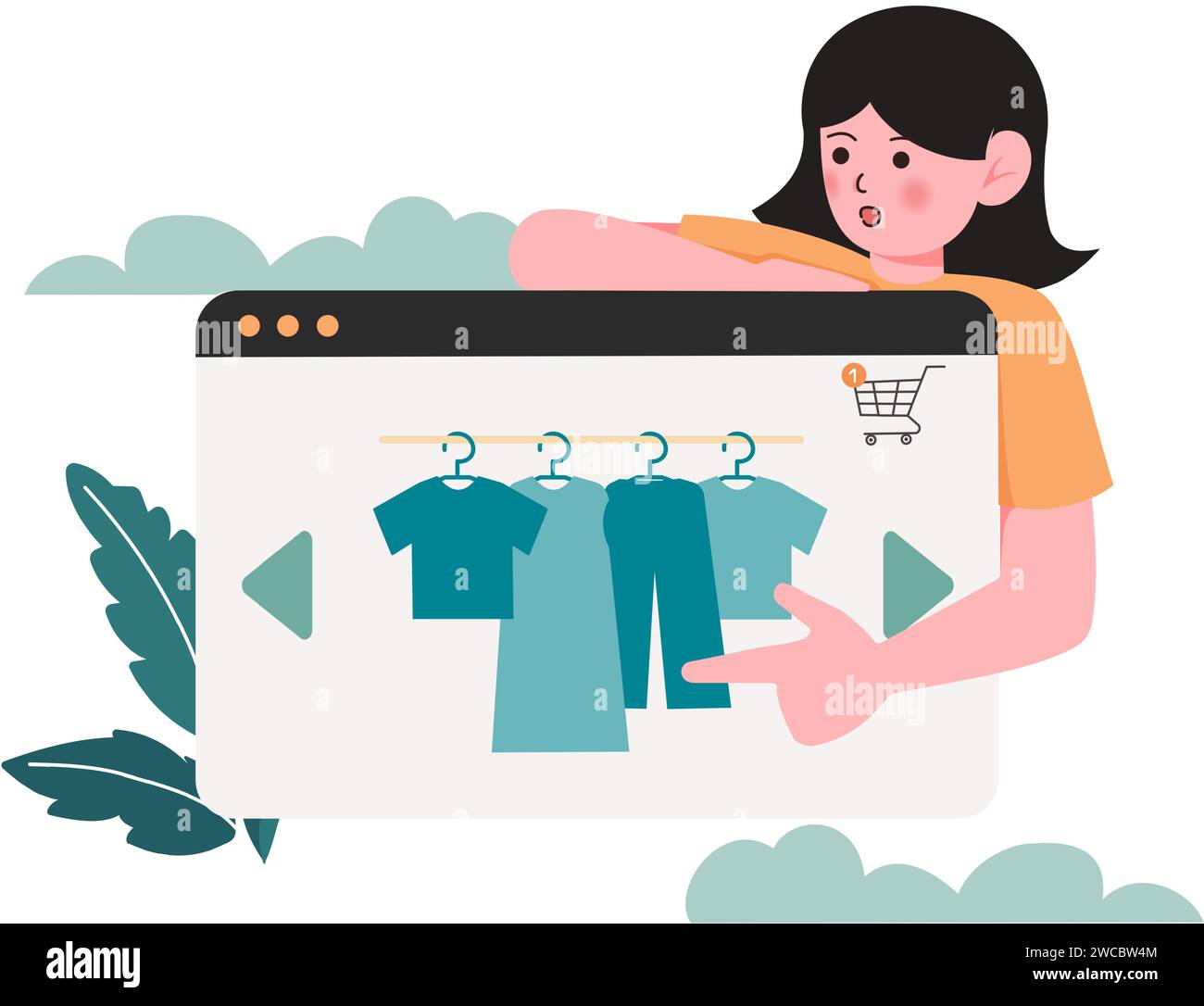 woman pointing at the screen to buy online store. shopping online