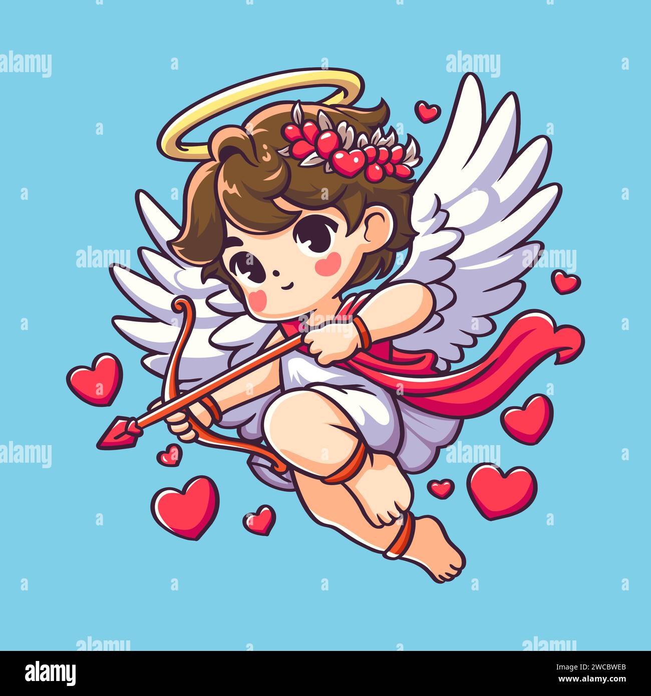 This delightful artwork features an irresistibly adorable cupid surrounded by love hearts, bringing a touch of magic and romance to your Valentine's D Stock Vector