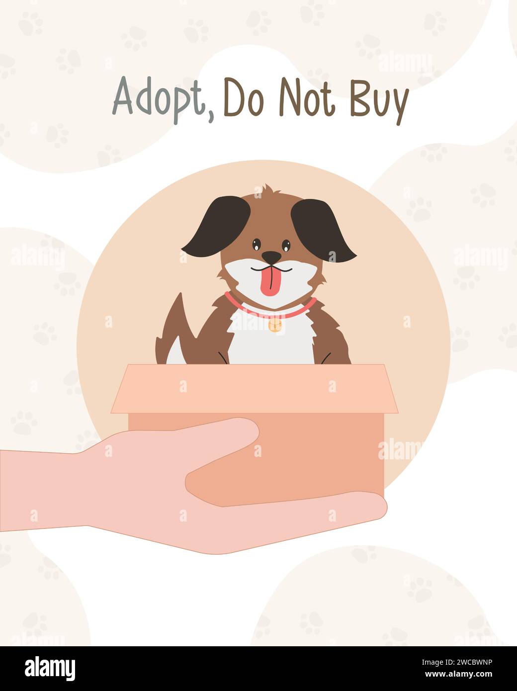 Cute little dog showing tongue inside cardboard box with adopt me text ...