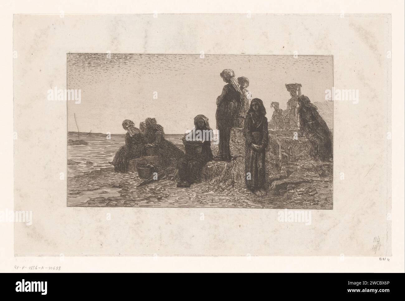 Resting fishermen's women on the water, François-Nicolas-Augustin Feyen-Perrin (attributed to), 1867 print  France paper etching / drypoint fisherman. resting - BB - out of doors. coast Stock Photo