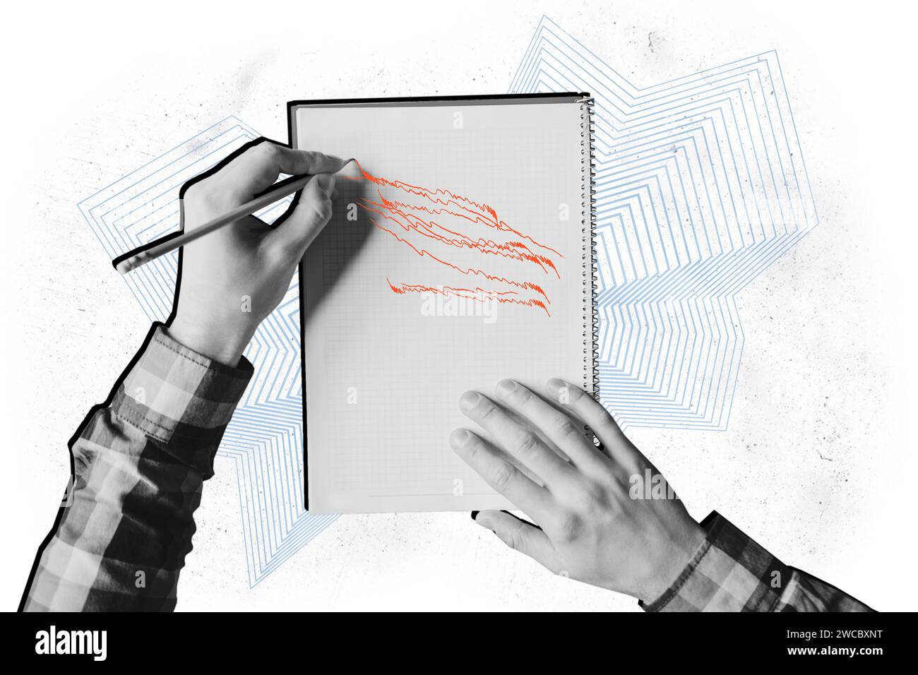 Collage creative poster black white filter caricature human hands write ...