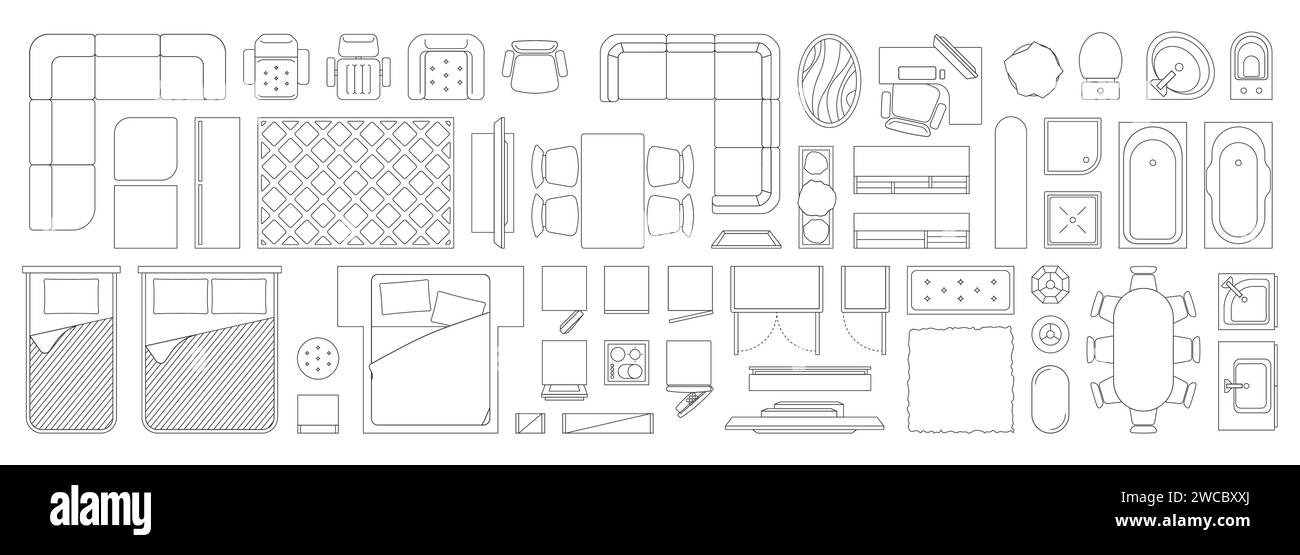 Linear interior top view icons. Office and home room floor plan, overhead view of table and sofa, bed desk chair. Modern flat design icons. Vector set of interior furniture home illustration Stock Vector