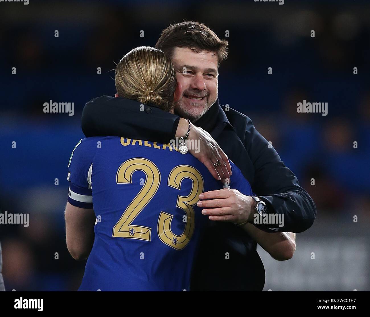 Mauricio Pochettino Manager of Chelsea celebrates the penalty shoot out victory with Conor Gallagher of Chelsea. - Chelsea v Newcastle United, Carabao Cup, Stamford Bridge Stadium, London, UK - 19th December 2023. Editorial Use Only - DataCo restrictions apply. Stock Photo