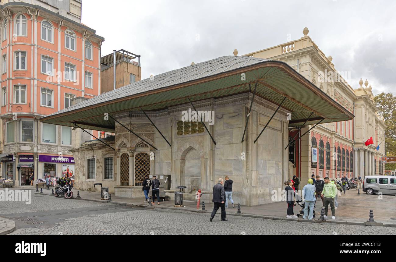 Istanbul, Turkey - October 18, 2023: Large Structure Drinking Water Fountain at Seyhulislam Hayri Efendi Street in Fatih. Stock Photo