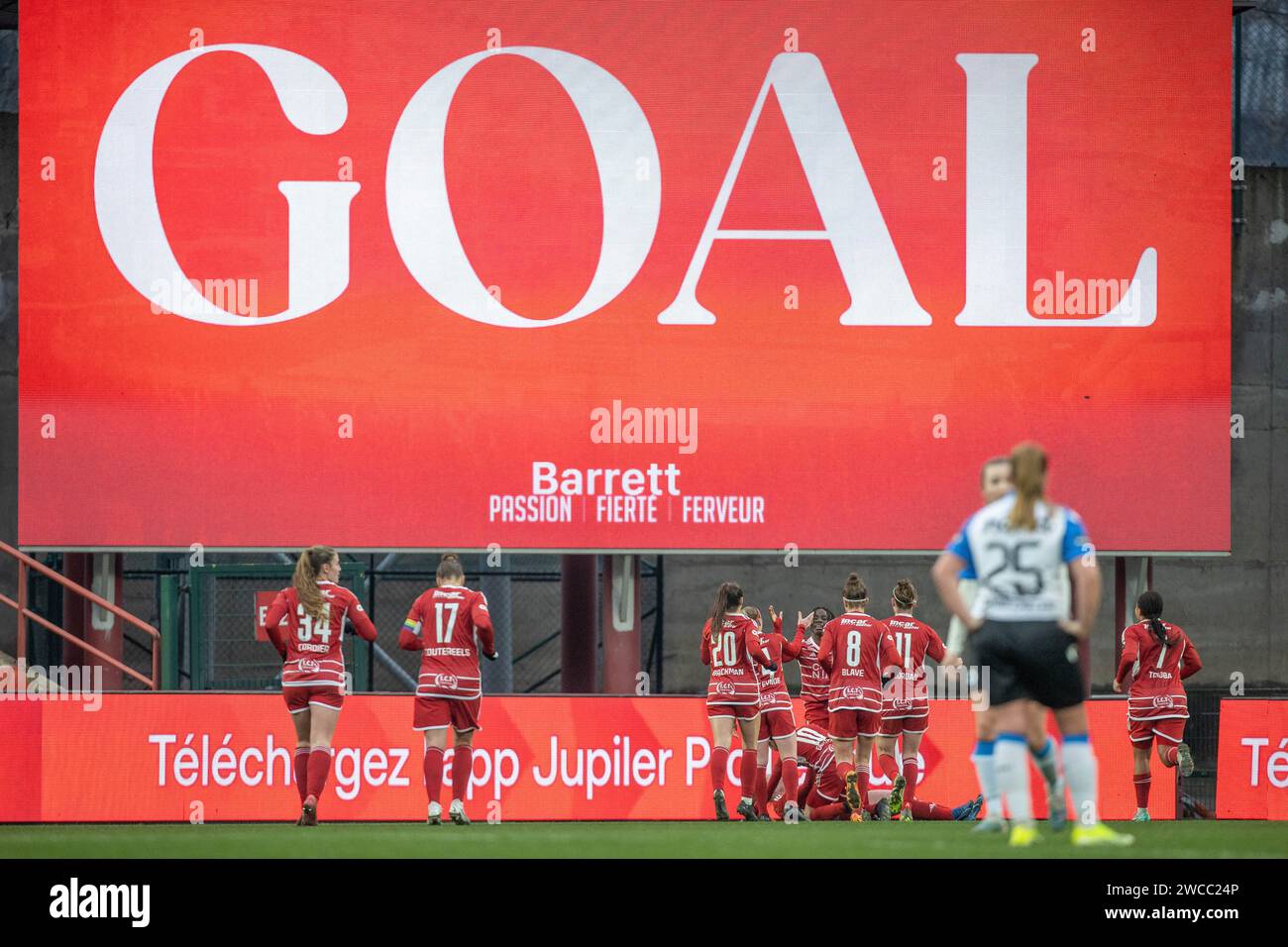 Liege, Belgium. 13th Jan, 2024. Amber Barrett (9) of Standard celebrate
