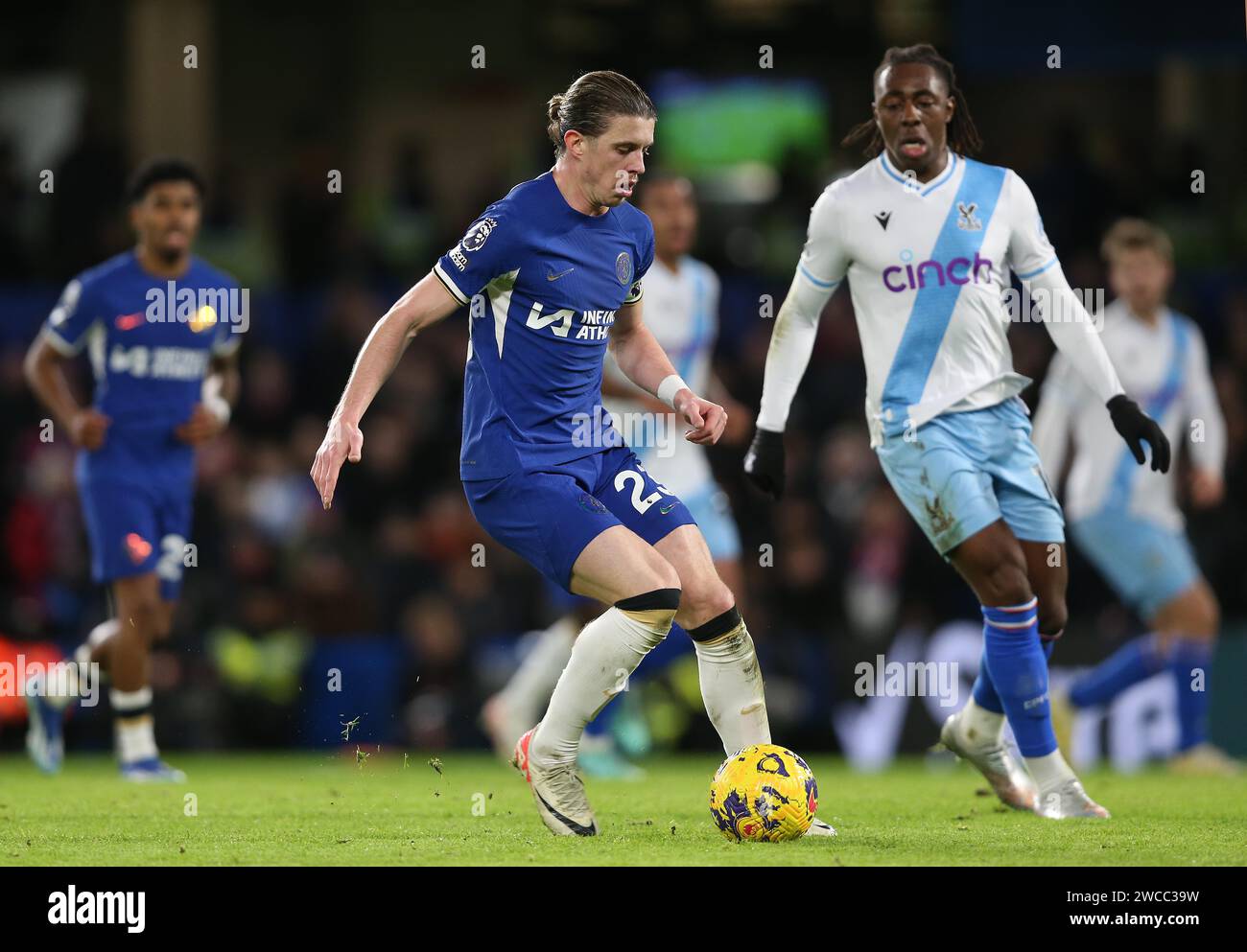 Conor Gallagher of Chelsea battles Eberechi Eze of Crystal Palace. - Chelsea v Crystal Palace, Premier League, Stamford Bridge Stadium, London, UK - 27th December 2023. Editorial Use Only - DataCo restrictions apply. Stock Photo