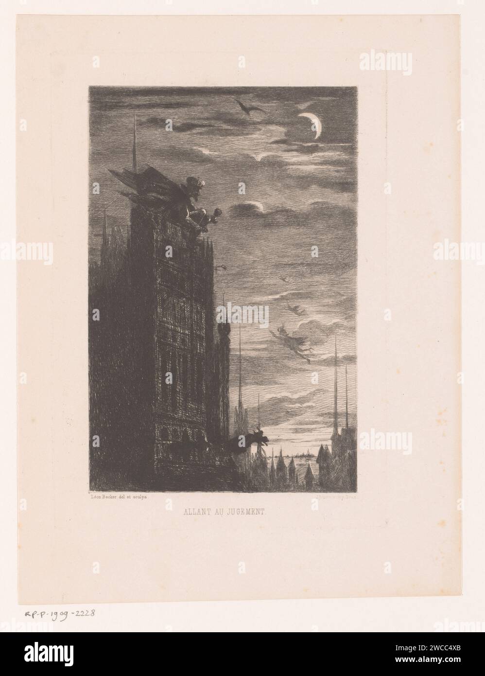 Night face with church tower and devils, Léon Becker, 1869 print  printer: Brusselspublisher: Paris paper etching devil(s) and demons. parts of church exterior and annexes Stock Photo