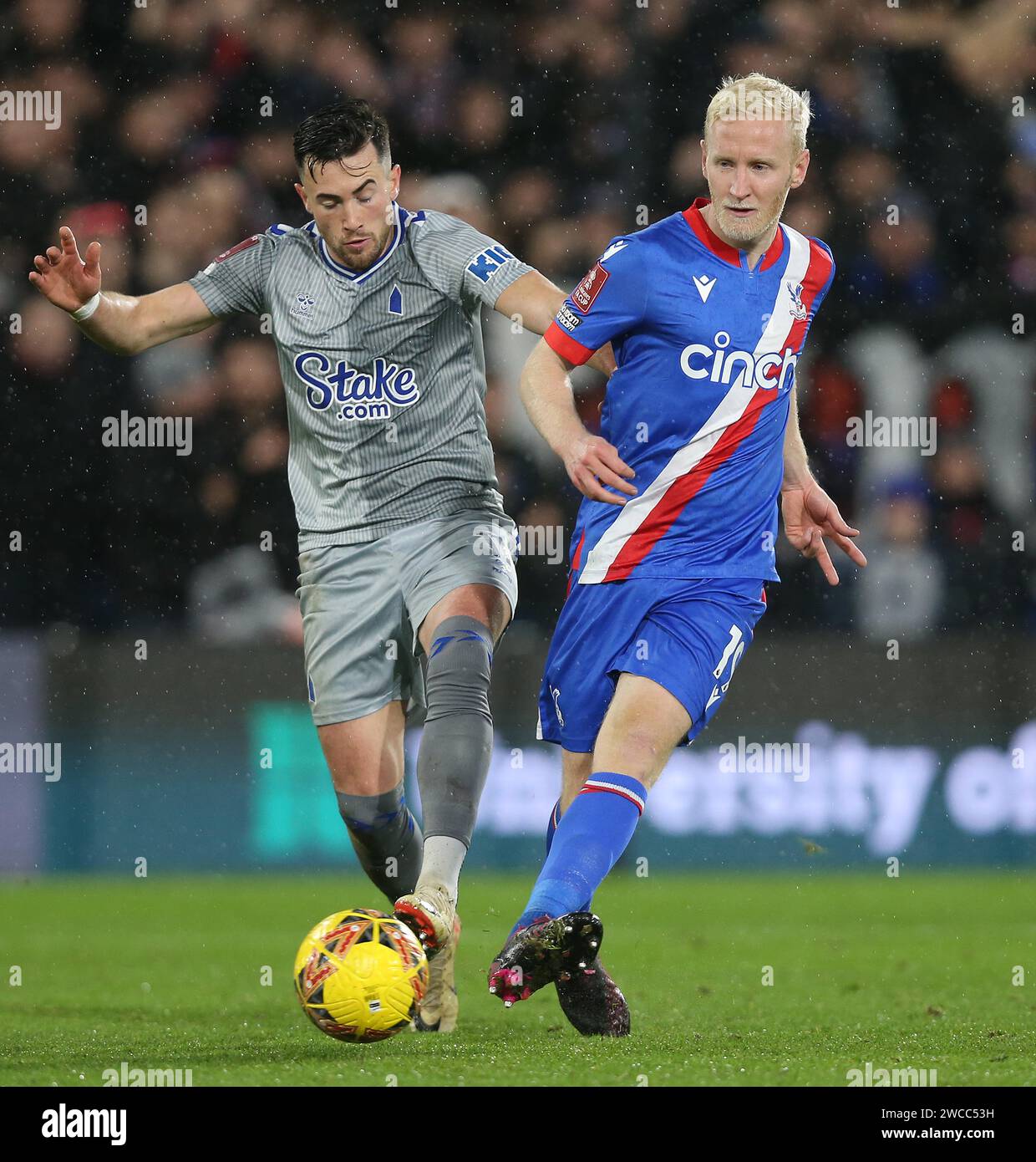 Will Hughes of Crystal Palace battles Jack Harrison of Everton. - Crystal Palace v Everton, Emirates FA Cup Third Round, 3rd Round, Selhurst Park Stadium, Croydon, UK - 4th January 2024. Editorial Use Only - DataCo restrictions apply. Stock Photo
