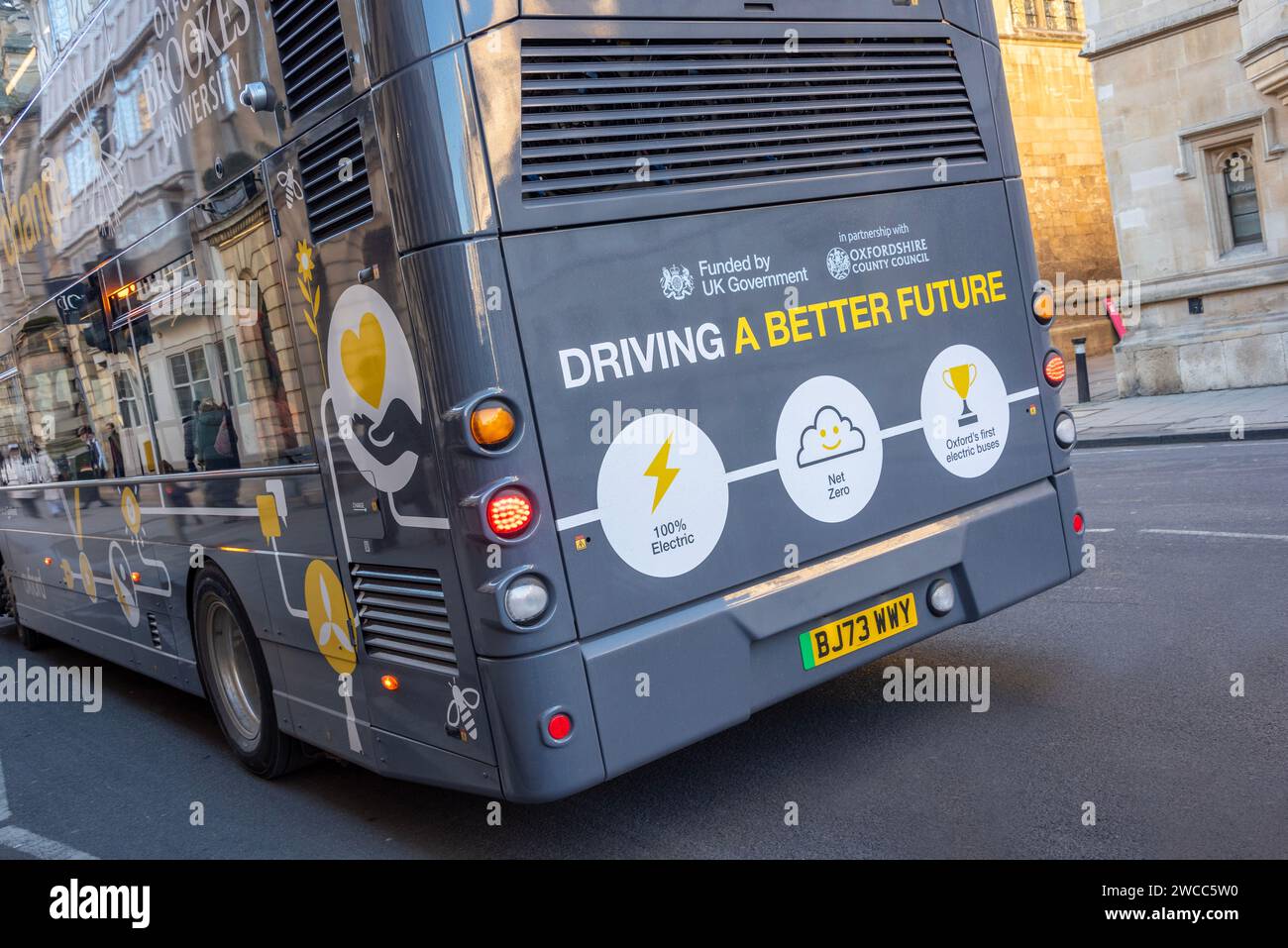 One of Oxford's fleet of new 100% electric buses in Oxford City Centre, January 2024 Stock Photo