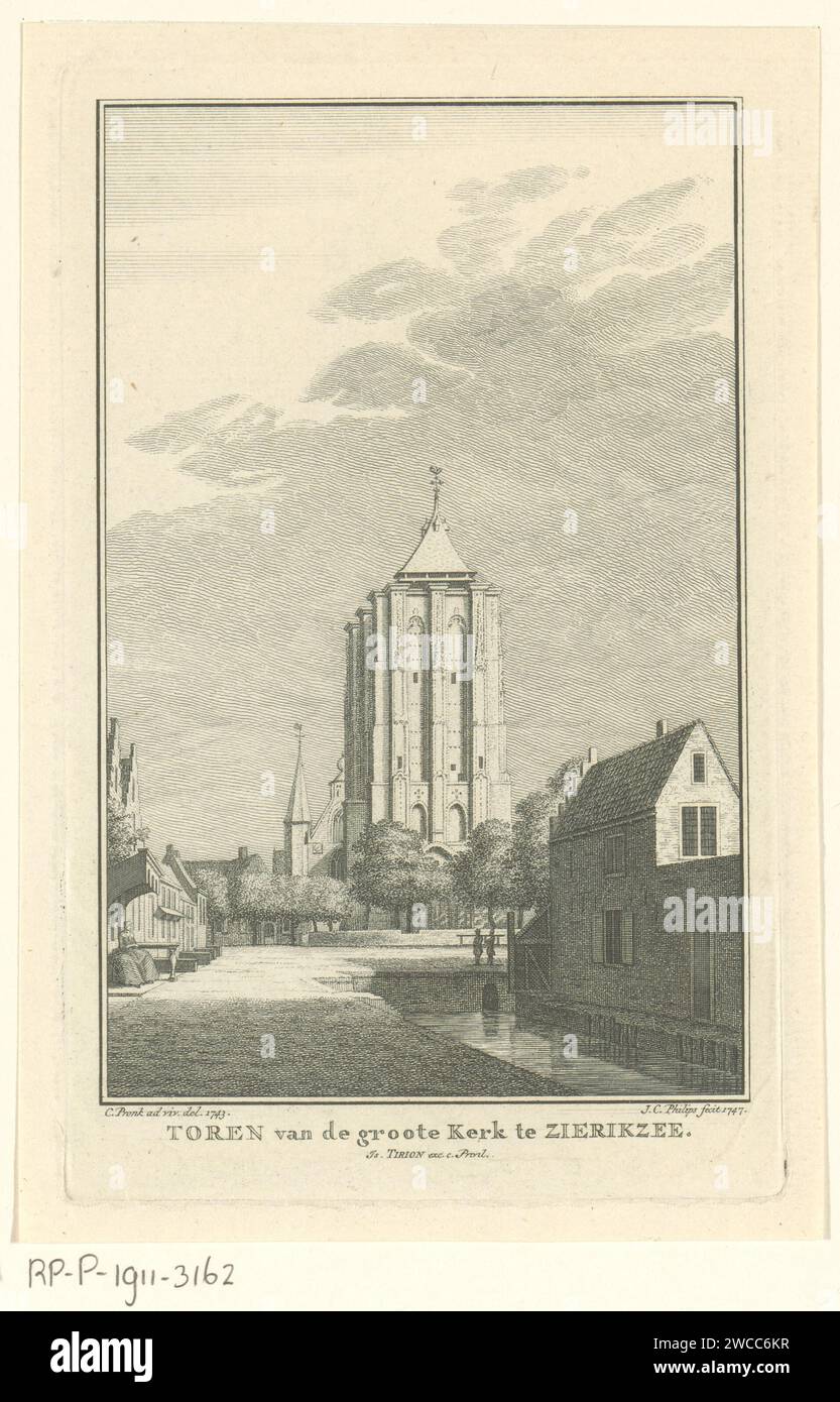 View of the Sint -Liefen Monster Tower in Zierikzee, 1743, Jan Caspar Philips, After Cornelis Pronk, 1747 - 1760 print View of the tower of the Sint-Lievensmonsterkerk in Zierikzee, in the situation around 1743. Amsterdam paper etching / engraving parts of church exterior and annexes: tower. church (exterior) Sint-Lievens Monster Tower Stock Photo