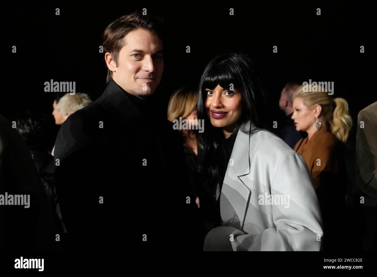Lucas Bravo, left, and Jameela Jamil attend the men's Zegna FallWinter
