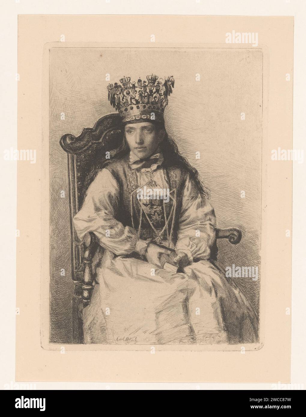 Norwegian bride with wedding crown, Carl Bloch, 1883 print A Norwegian bride. Kneepiece, three of whom were sitting right in an railing chair, a wedding crown on the head and a church book in the hands of the head and face. Scandinavia paper etching / drypoint bride (in wedding-dress). folk costume, regional costume Norway Stock Photo