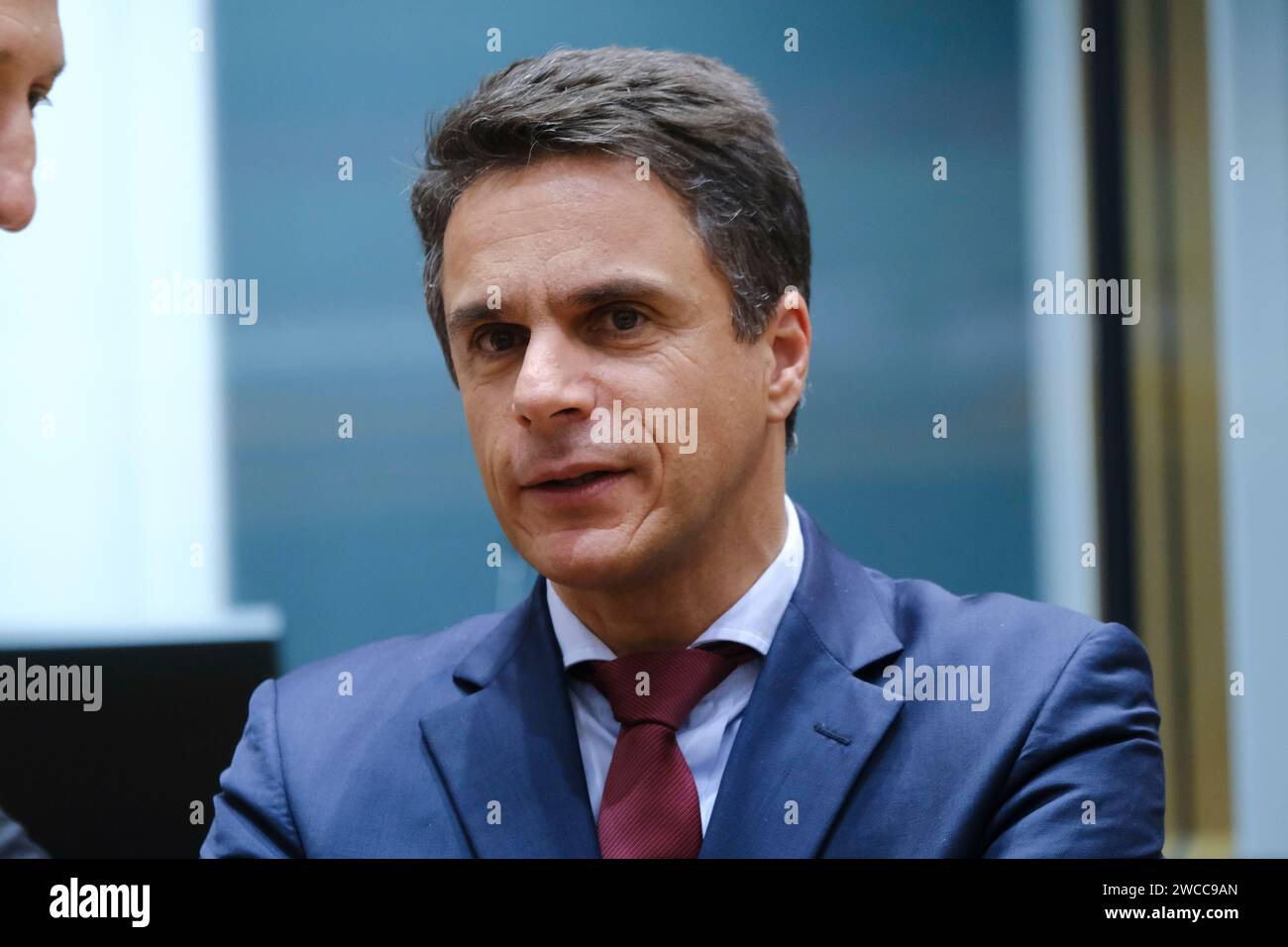 Brussels, Belgium. 15th Jan, 2024. Joao Nuno Mendes, Minister for Finance arrives to attend in a meeting of Eurogroup Finance Ministers, at the European Council in Brussels, Belgium on Jan. 15, 2024. Credit: ALEXANDROS MICHAILIDIS/Alamy Live News Stock Photo