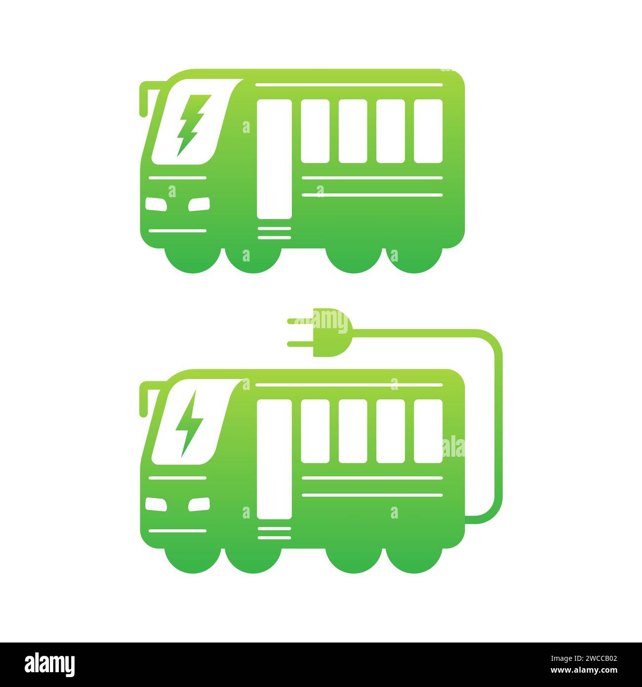 Vector icons of electric trains, one with a lightning bolt and the other with a power plug, representing sustainable transportation Stock Vector