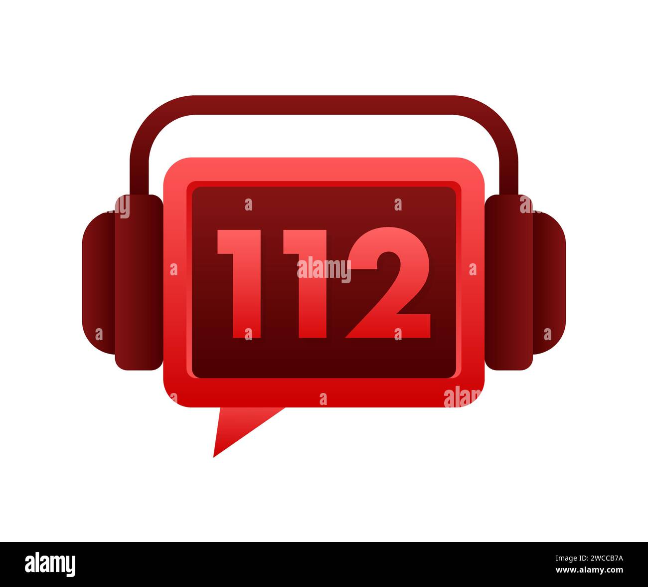 Emergency Service Headset Icon with Number 112, Red Communication Bubble for Immediate Assistance and Urgent Help Stock Vector