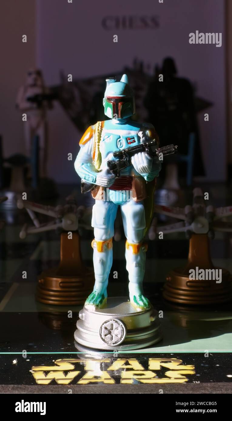 Photo of Boba Fett bounty hunter character chess piece from a Vintage 1999 A La Carte Star Wars Chess Collector's 3D Chess Set Board Game Stock Photo