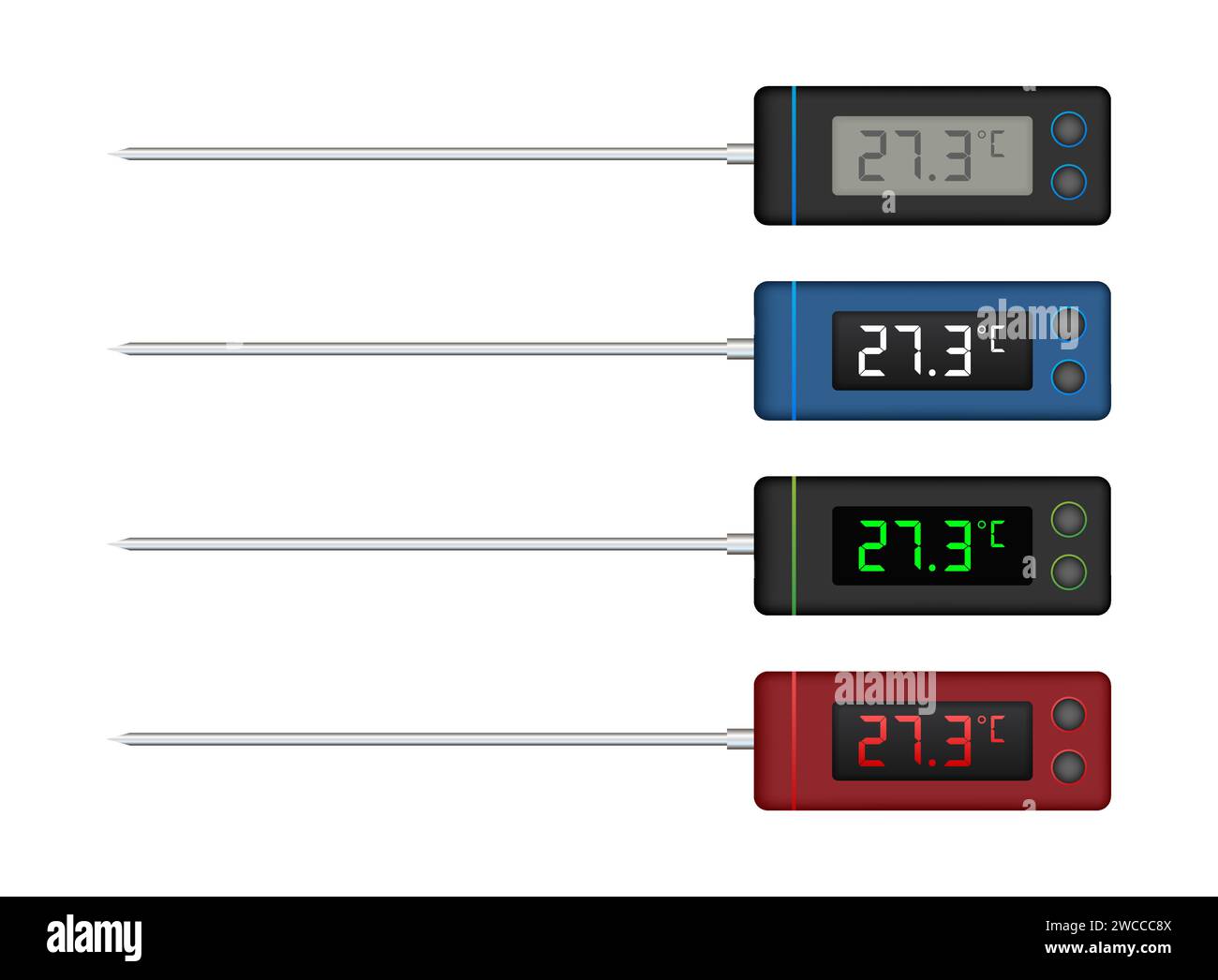 Digital kitchen thermometers with temperature display in various colors, vector illustration set