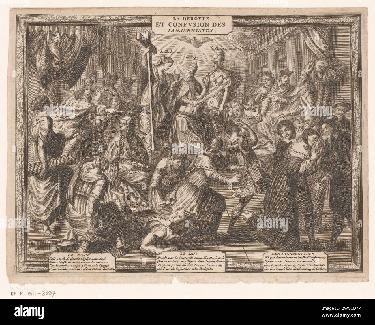 Avoids of the Jansenisten, Anonymous, 1630 - 1690 print The pope in the middle of the top is flanked by the allegorical figures religion and ecclesiastical power. The Holy Spirit flies above him. On the left the king sits on a throne with next to him the Divine zeal, the Eendracht, the righteousness and piety. The king banishes the allegorical figures ignorance, misunderstanding and deception with Jansenism in the middle with 'the Augustine' in his hands, preceded by Jansenists.  paper engraving suspension, expulsion (from a society). pope. king Stock Photo