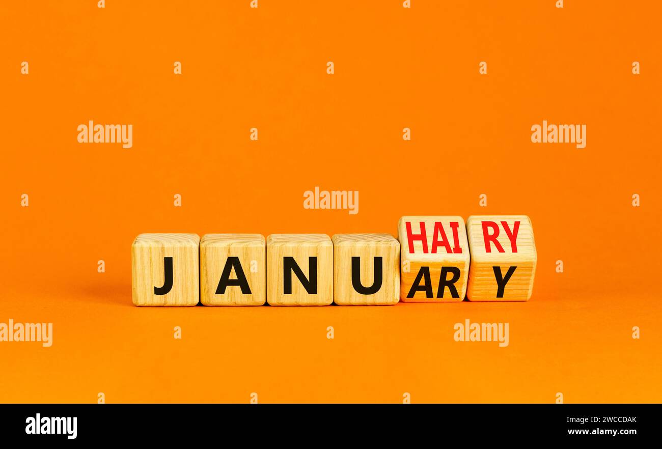 Januhairy or January symbol. Concept words Januhairy or January on beautiful wooden blocks. Beautiful orange table orange background. Social issues Ja Stock Photo