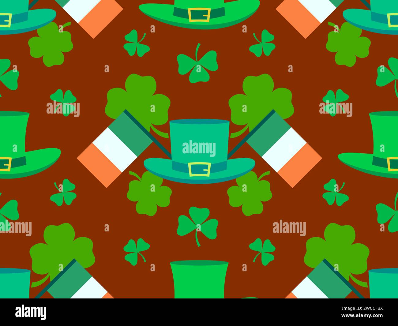 Seamless pattern with Irish flag, clover leaves and leprechaun cap for ...