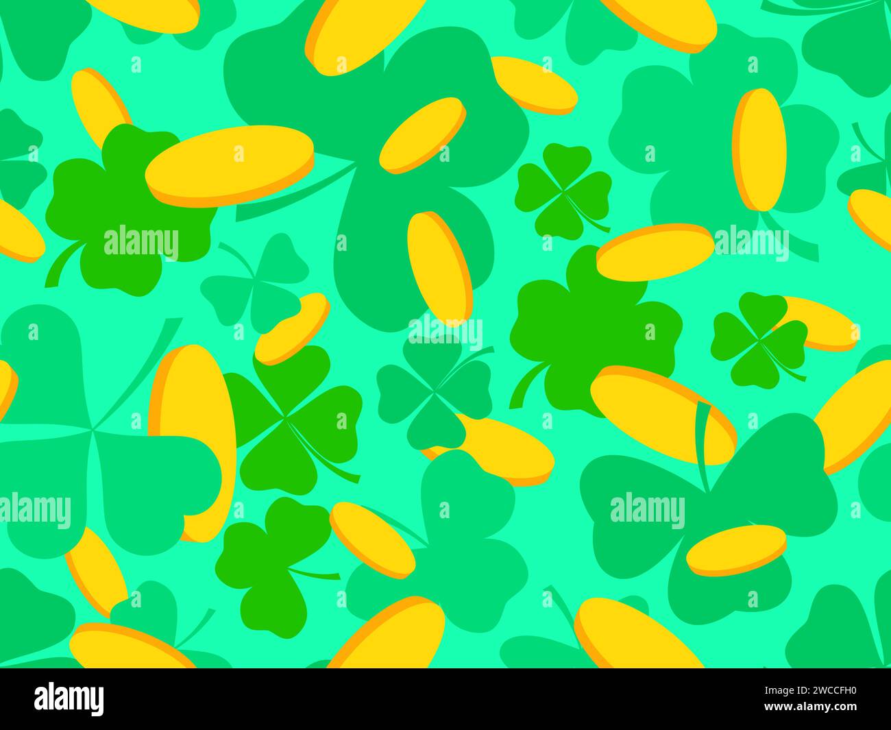 Seamless pattern with green clover leaves and gold coins for St ...