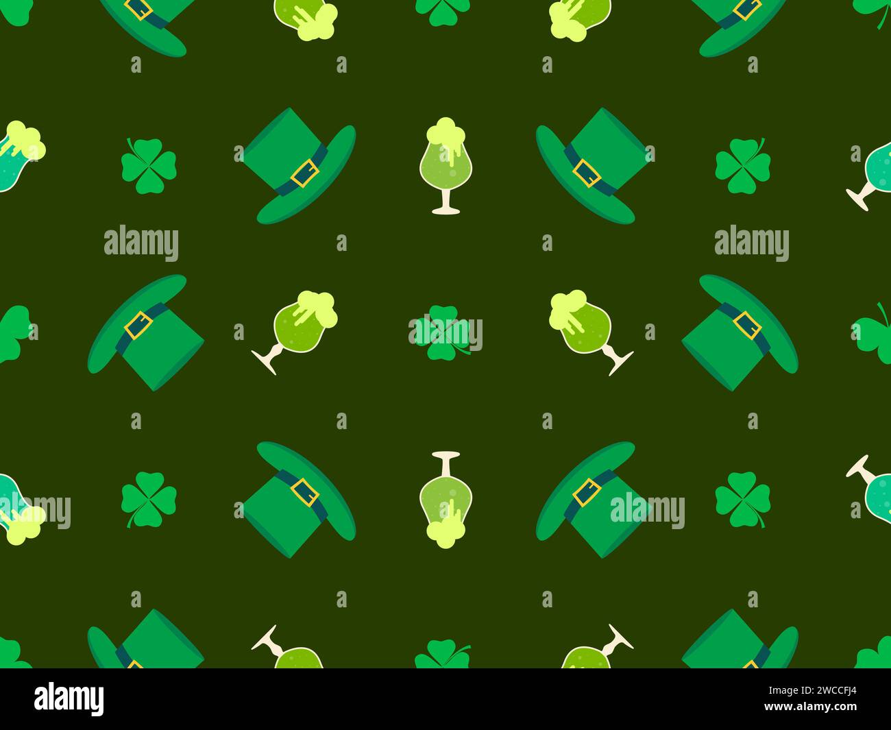 Seamless pattern with clover leaves, glasses of beer and leprechaun hat for St. Patrick's Day. Green mugs of beer with foam. Festive design for wallpa Stock Vector