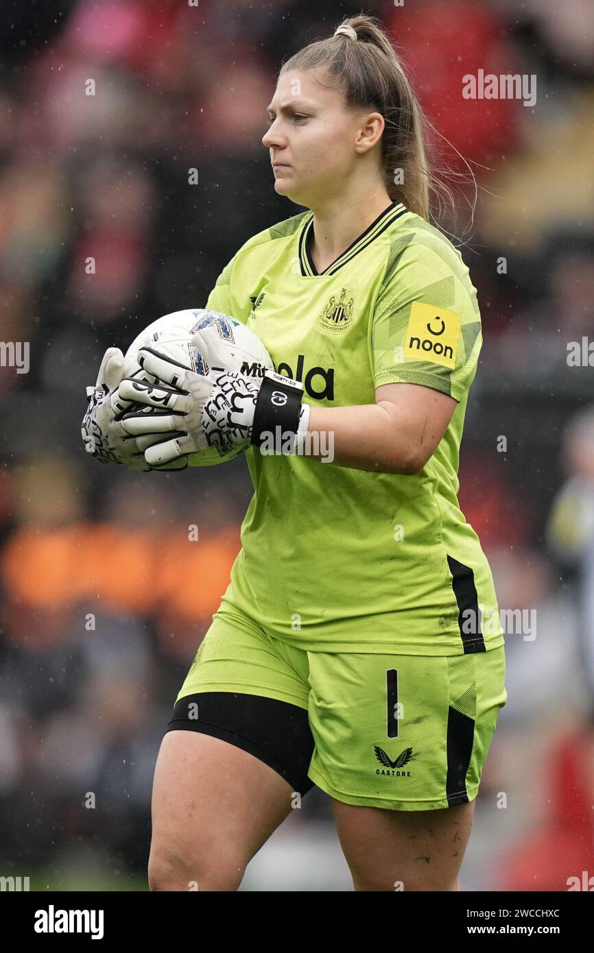 Manchester United Women v Newcastle  Women- Women’s FA Cup Fourth Round  LEIGH, ENGLAND - DECEMBER 14: Goalkeeper Grace Donnelly of Newcastle during the Women’s FA Cup fourth round match between Manchester United and Newcastle at Leigh Sports Village on January 14 2024 in Leigh, England. Stock Photo