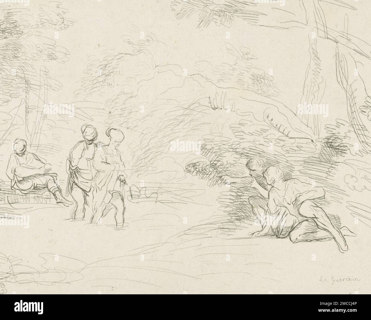Bading Women by Men Spied, Charles de Ligne, After Guercino, 1774 - 1792 print Three bathing women are spied on by two men in the bushes.  paper etching washing and bathing. peeping, voyeur Stock Photo