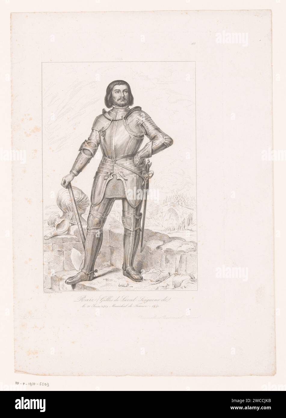Portret Van Gilles de Rais, Nicolas Edouard Lerouge, After Ferran, 1838 - 1841 print Numbered in the middle: 1315. Paris paper etching historical persons. feudal lord. knight Stock Photo