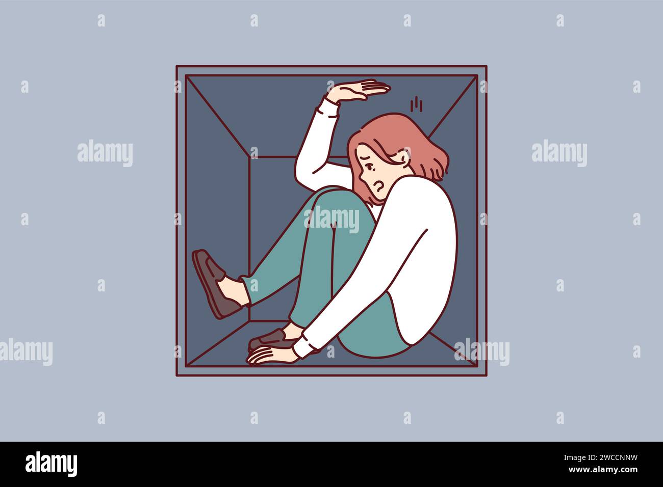 Woman suffering from claustrophobia sits in cramped box and feels pressure of walls, as metaphor for cramped housing. Girl experiences problems due to claustrophobia and fear of closed spaces. Stock Vector