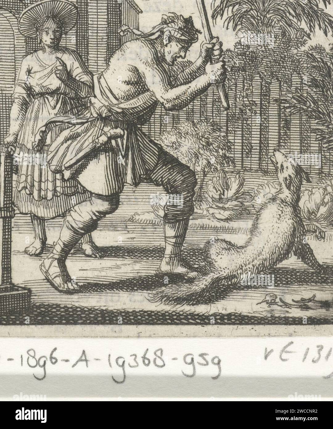 Fox killed by a man with a stick, Jan Luyken, 1693 print  Amsterdam paper etching / letterpress printing beasts of prey, predatory animals: fox. man killing animal Stock Photo