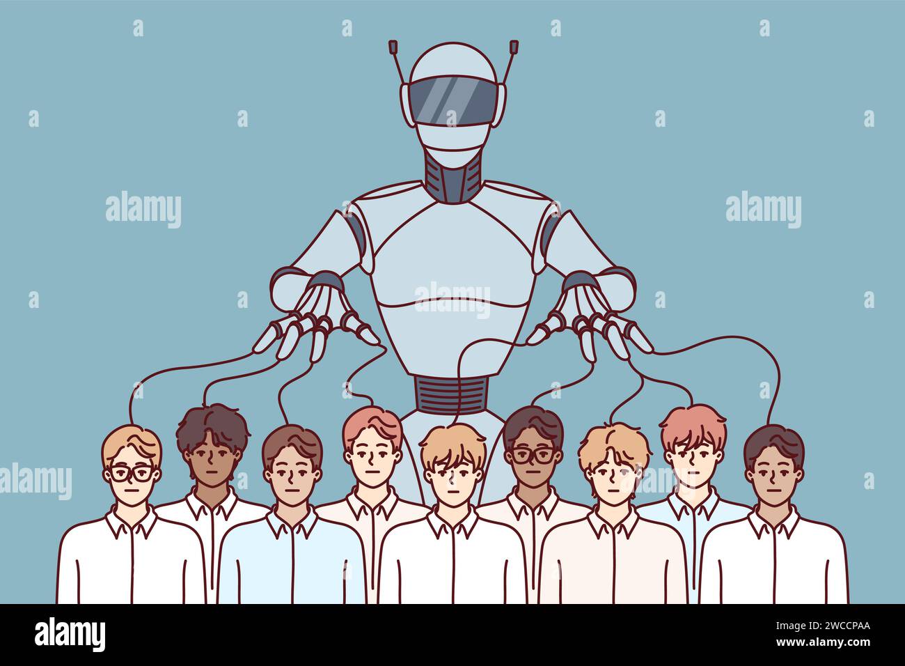 Robot manipulates crowd of people using puppeteer strings and symbolizing problems caused by artificial intelligence. Business puppets are controlled by robot created using AI technology Stock Vector