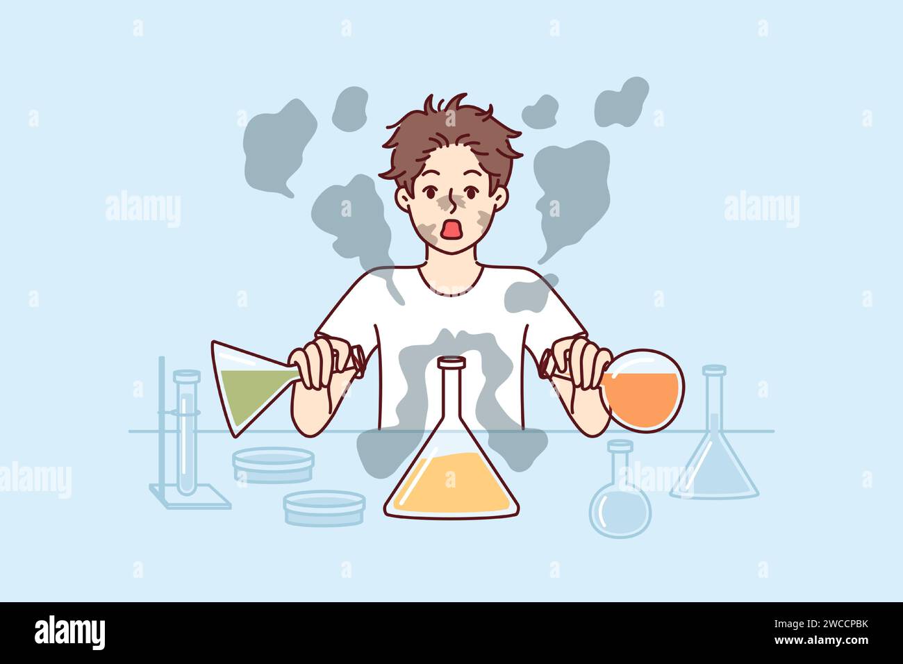 Boy conducts laboratory experiments mixing reagents from test tubes and