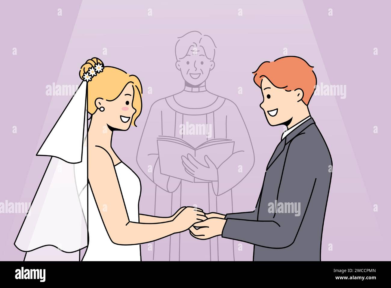 Marriage ceremony of man and woman holding hands, standing near altar