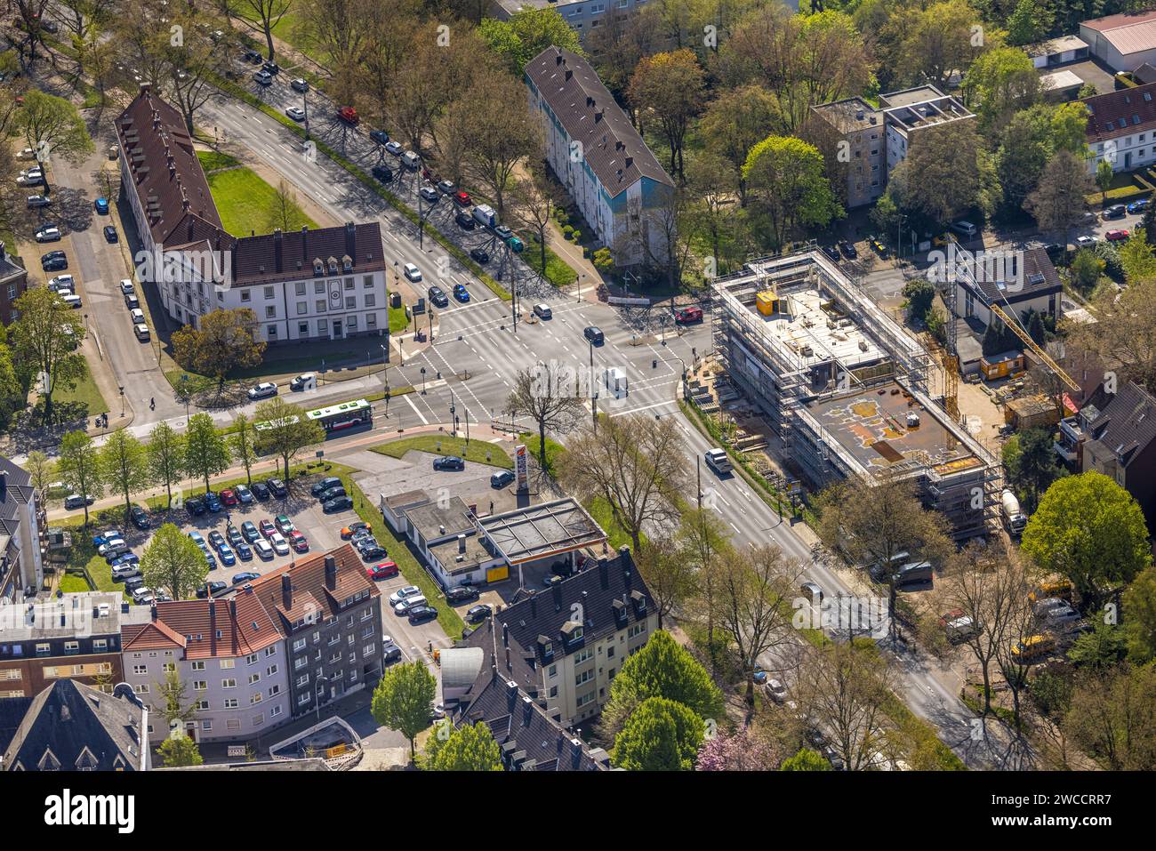 Aerial view, intersection Westring and Behrenstraße, building construction site, bft gas station, Herne-Mitte, Herne, Ruhr area, North Rhine-Westphali Stock Photo