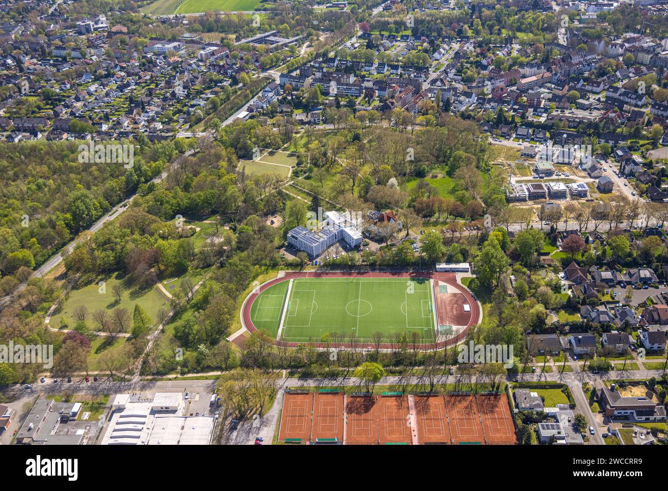Aerial view, Stadtgarten with Parkhotel, sports field Schäferstraße 1, Herne-Mitte, Herne, Ruhr area, North Rhine-Westphalia, Germany Stock Photo