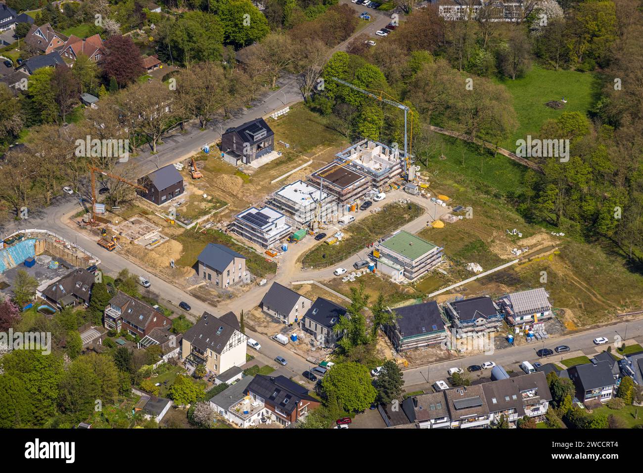 Aerial view, construction area with new building Schäferstraße corner Am Stadtgarten for a residential quarter, Herne-Mitte, Herne, Ruhr area, North R Stock Photo