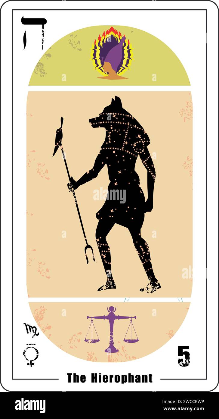 Egyptian tarot card number 5, called The Sorcerer. Silhouette of the god Anubis Stock Vector