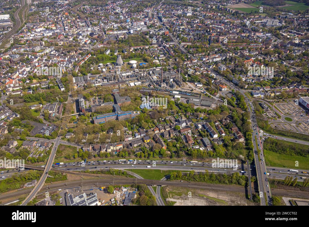 Aerial view, local view with Shamrockpark, residential and business district, Herne-Mitte, Herne, Ruhr area, North Rhine-Westphalia, Germany Stock Photo