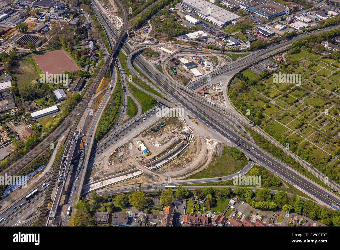 Aerial view, construction site at Herne interchange, A43 and A42 highways, tunnel construction, Baukau, Herne, Ruhr area, North Rhine-Westphalia, Germ Stock Photo