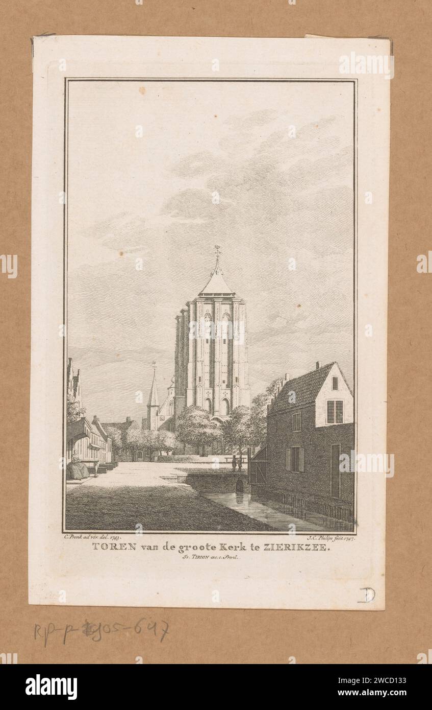 View of the Sint-Liefen Monster Tower in Zierikzee, 1743, Jan Caspar Philips, After Cornelis Pronk, 1747 print View of the tower of the Sint-Lievensmonsterkerk in Zierikzee, in the situation around 1743. Amsterdam paper etching parts of church exterior and annexes: tower. church (exterior) Sint-Lievens Monster Tower Stock Photo
