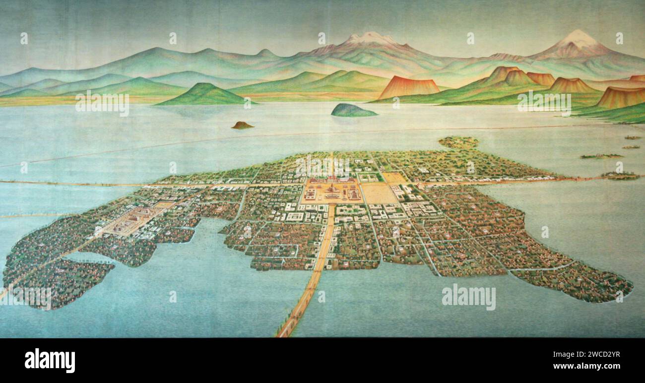 Painting of Tenochtitlan-Tlatelolco on Lake Texcoco, Mexico Stock Photo