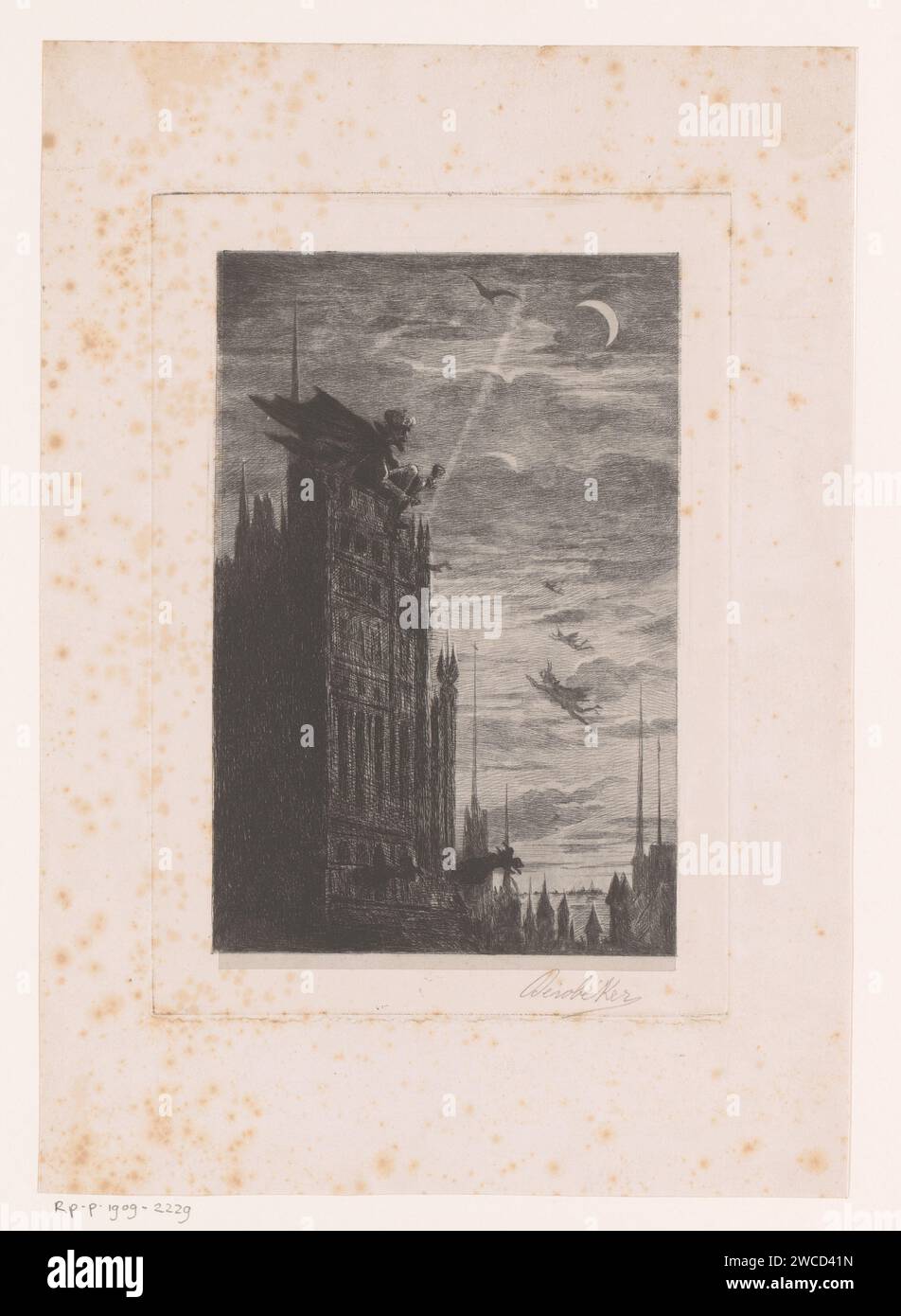 Night face with church tower and devils, Léon Becker, 1869 print  Paris paper. etching devil(s) and demons. parts of church exterior and annexes Stock Photo